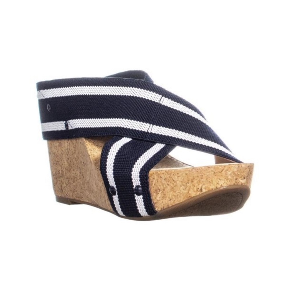 Lucky Brand Navy and White Striped Cork Wedge Sandals